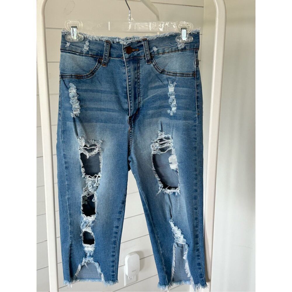 Distressed destroyed high waist cropped stretch denim sz 7‎